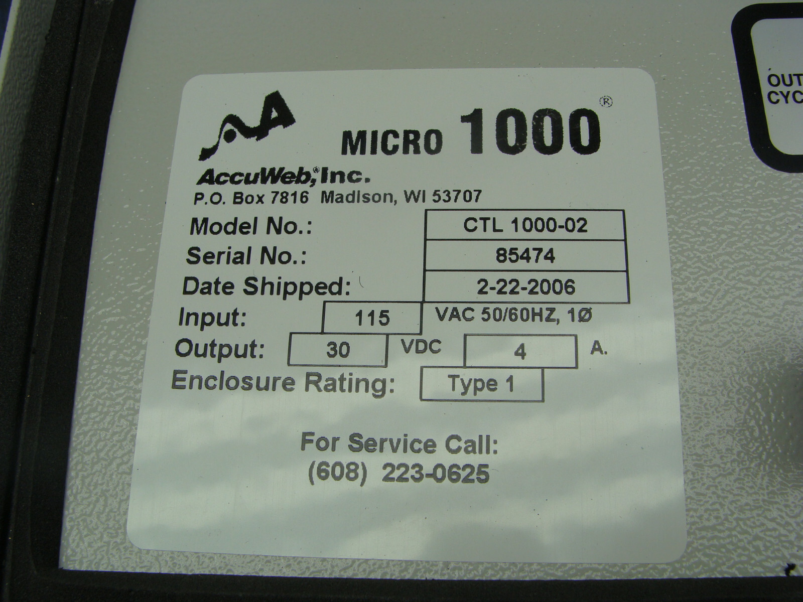 ACCUWEB MICRO1000 WEB GUIDE CONTROL CTL 1000-02 INPUT: 115VAC OUTPUT: 30VDC 4A