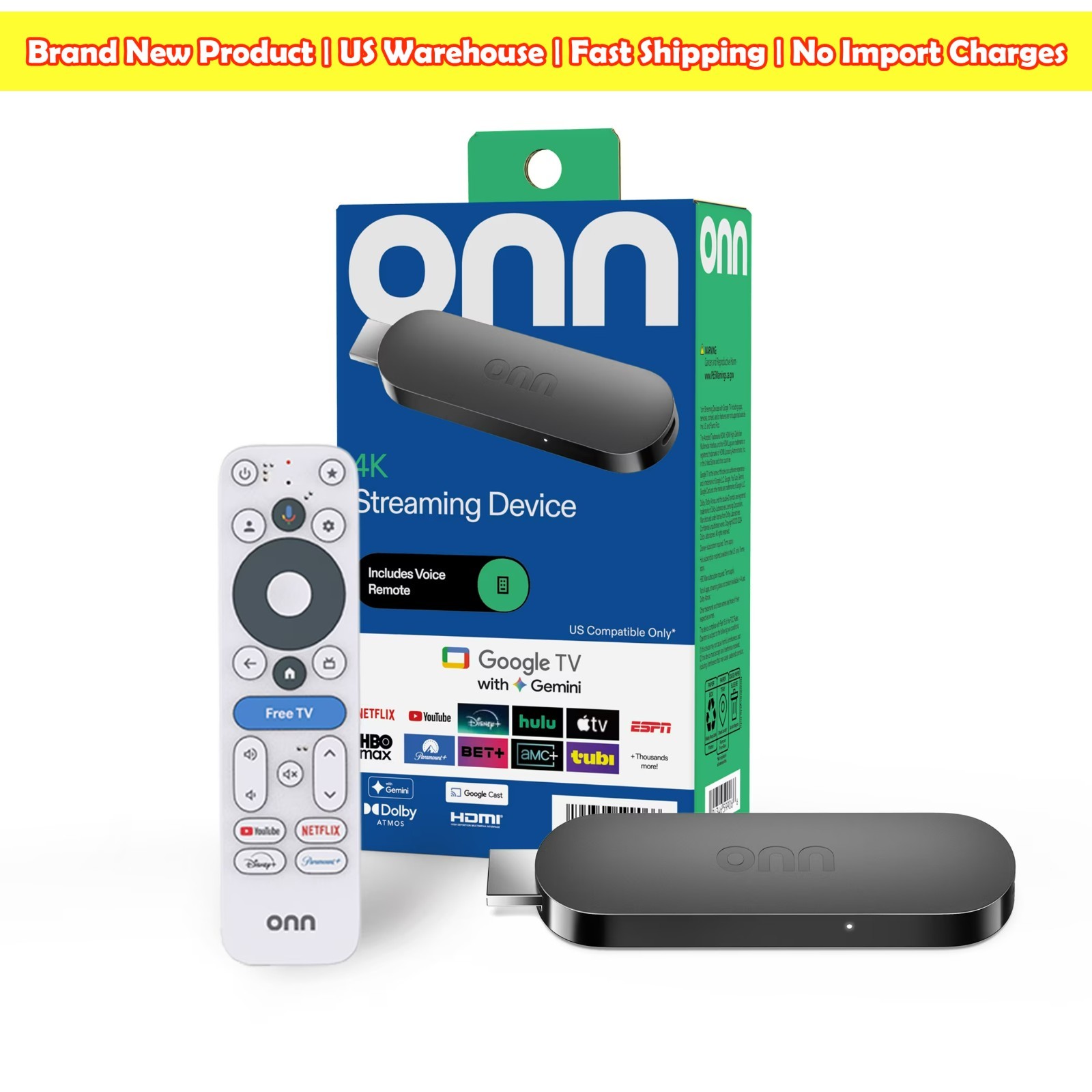 onn 4K Streaming Device Google TV with Gemini Voice Remote 8GB 2GB RAM 2026