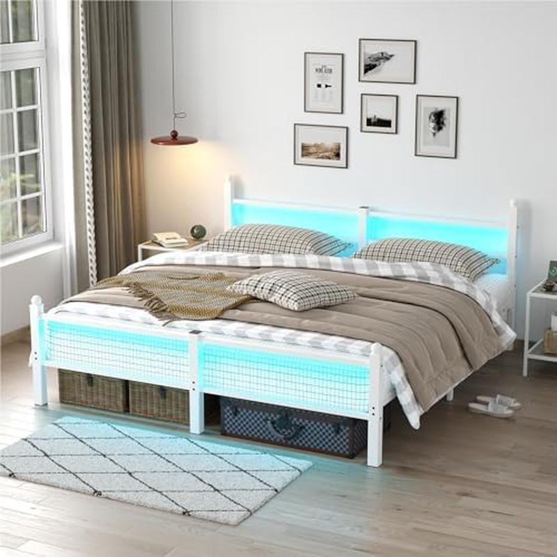 Bed Frame with Headboard and Footboard, Metal Bed Frame with Charging Station an