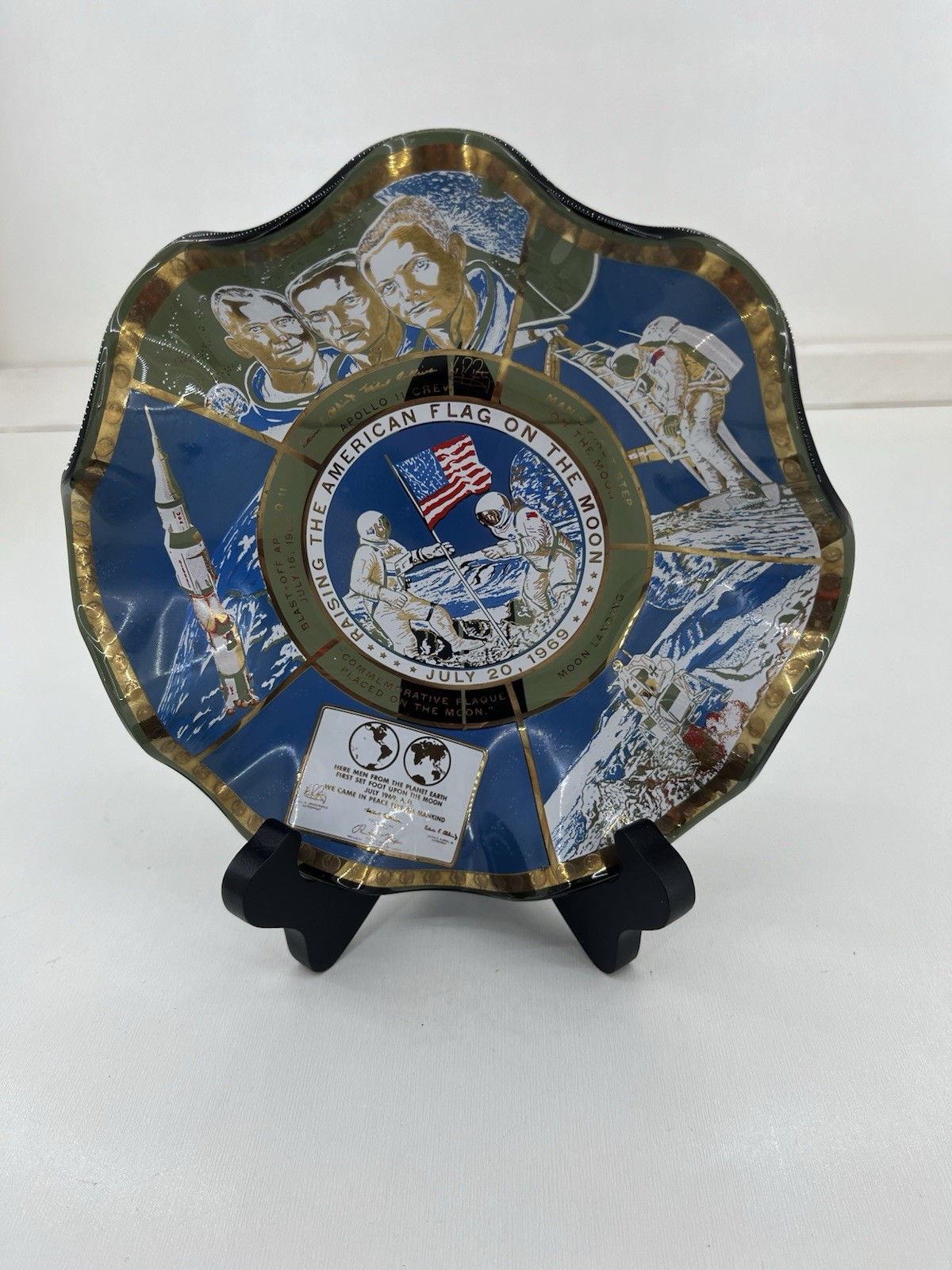 Vintage 1969 Apollo 11 Moon Landing Commemorative Glass Dish RuffledGold Trim 7"