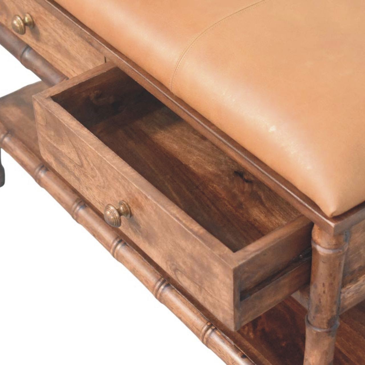 Bamboo Carved Storage Bench with Leather Seat