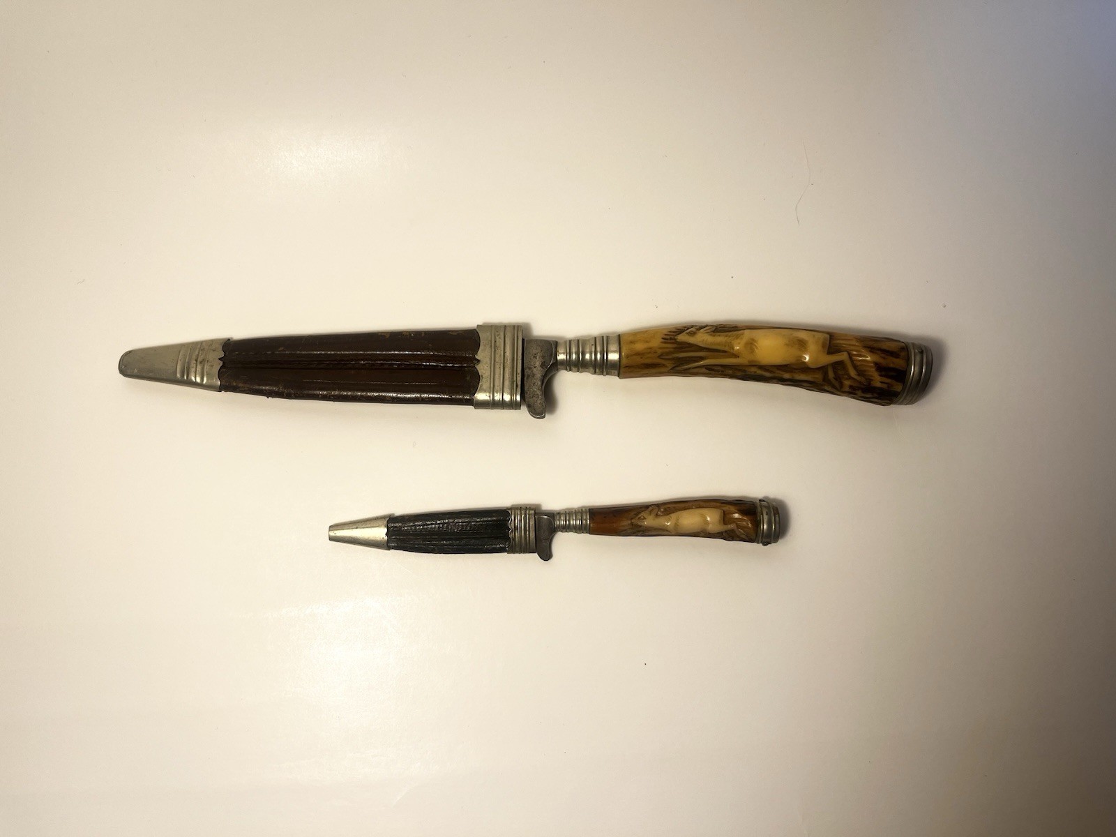 German Antique Hunting Knifes W/ Stag Horn Or Antler, Leather Sheath, Set Of 2