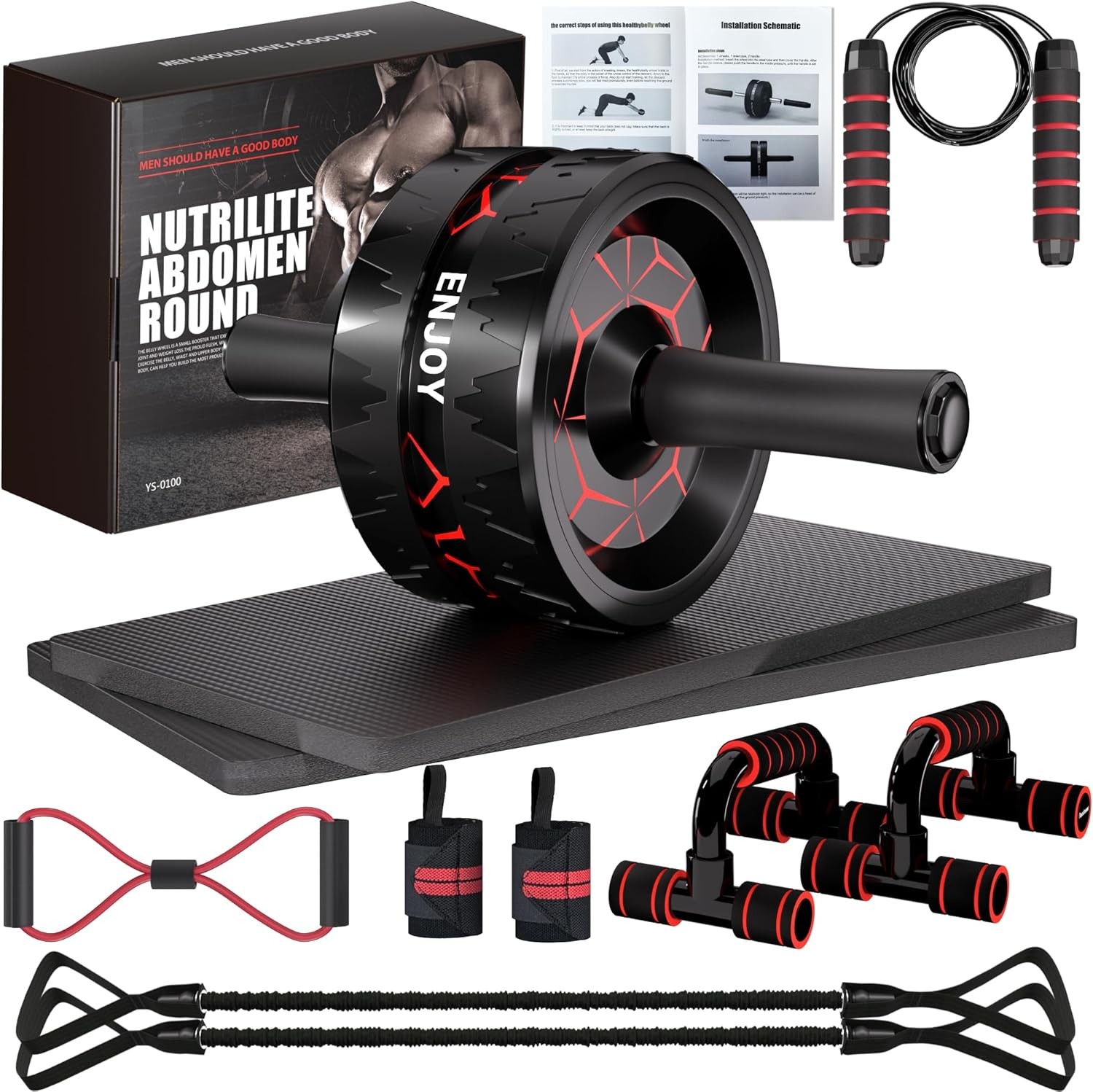 Readaeer Ab Roller Wheel Kit w/ Resistance Bands Knee Mat Jump Rope Push-Up Bar