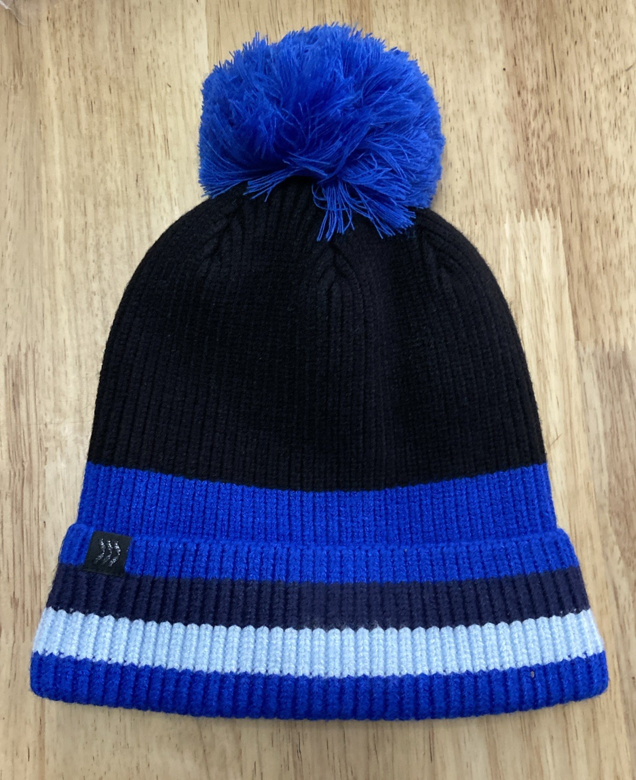 Blue & Black Striped Knitted Pom Pom Beanie Hat Fleece Lined OSFM