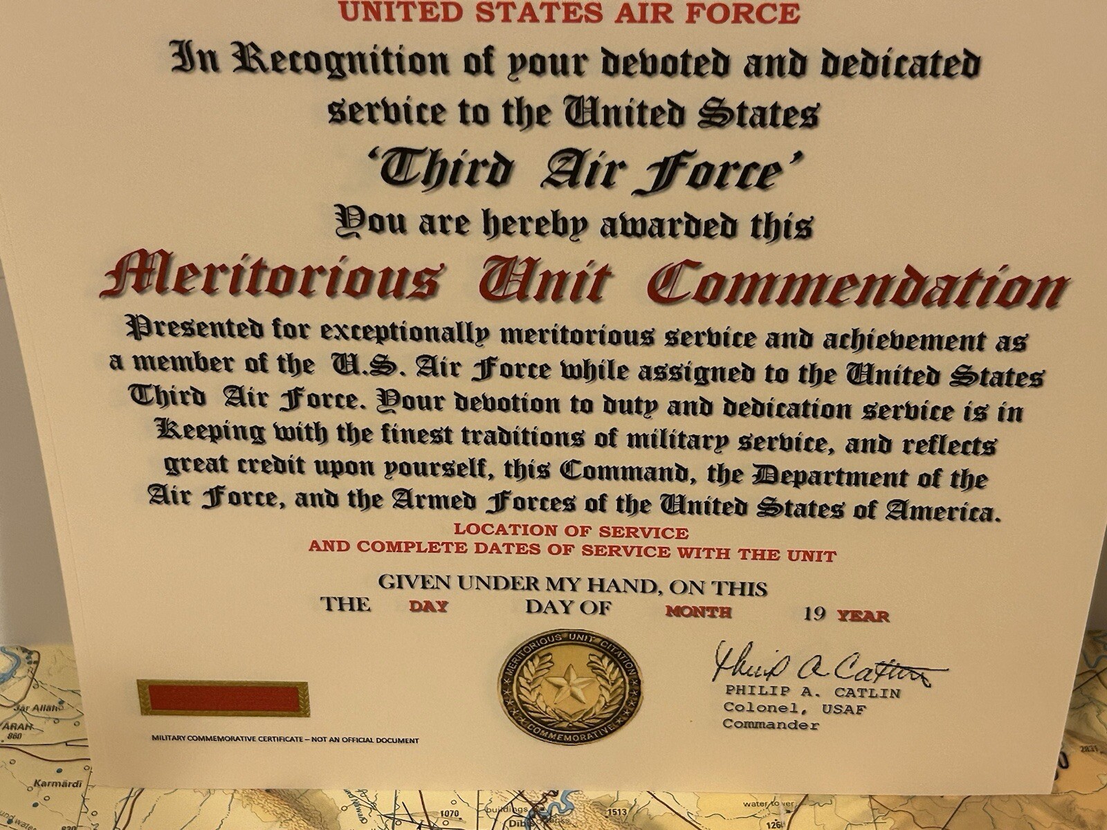 U.S. AIR FORCE / 3RD AIR FORCE - MERITORIOUS UNIT COMMENDATION CERTIFICATE