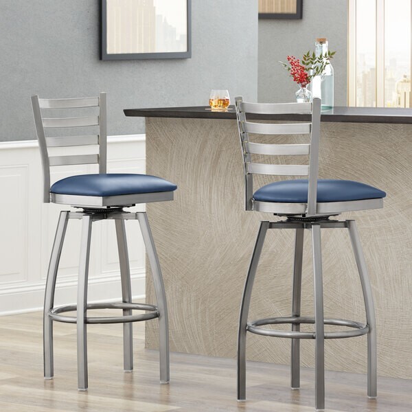 10 PACK Ladder Back Clear Coat Swivel Metal Restaurant Barstool With Navy Vinyl