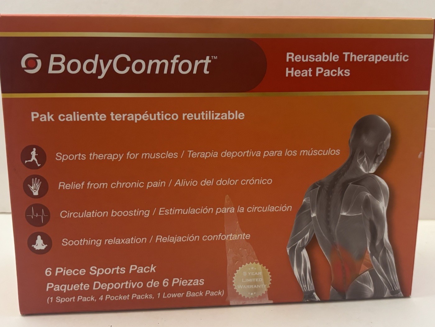 BodyComfort Reusable Therapeutic Heat Packs 6 Piece Sports Pack Back Pain NEW