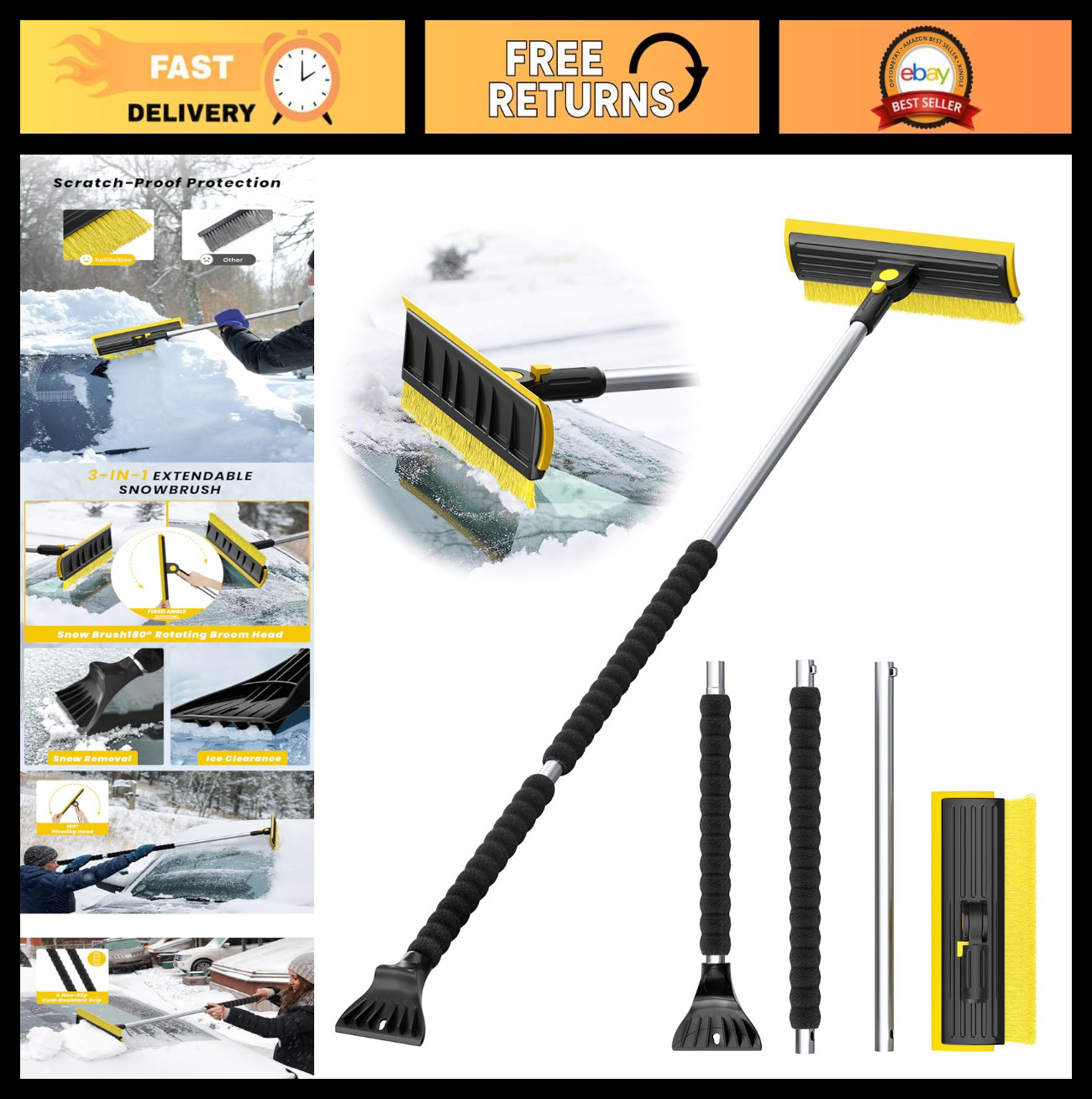 Extra Long 55.7" Car Ice Scraper with Foam Grip & 270° Pivoting Brush - Snow Bru