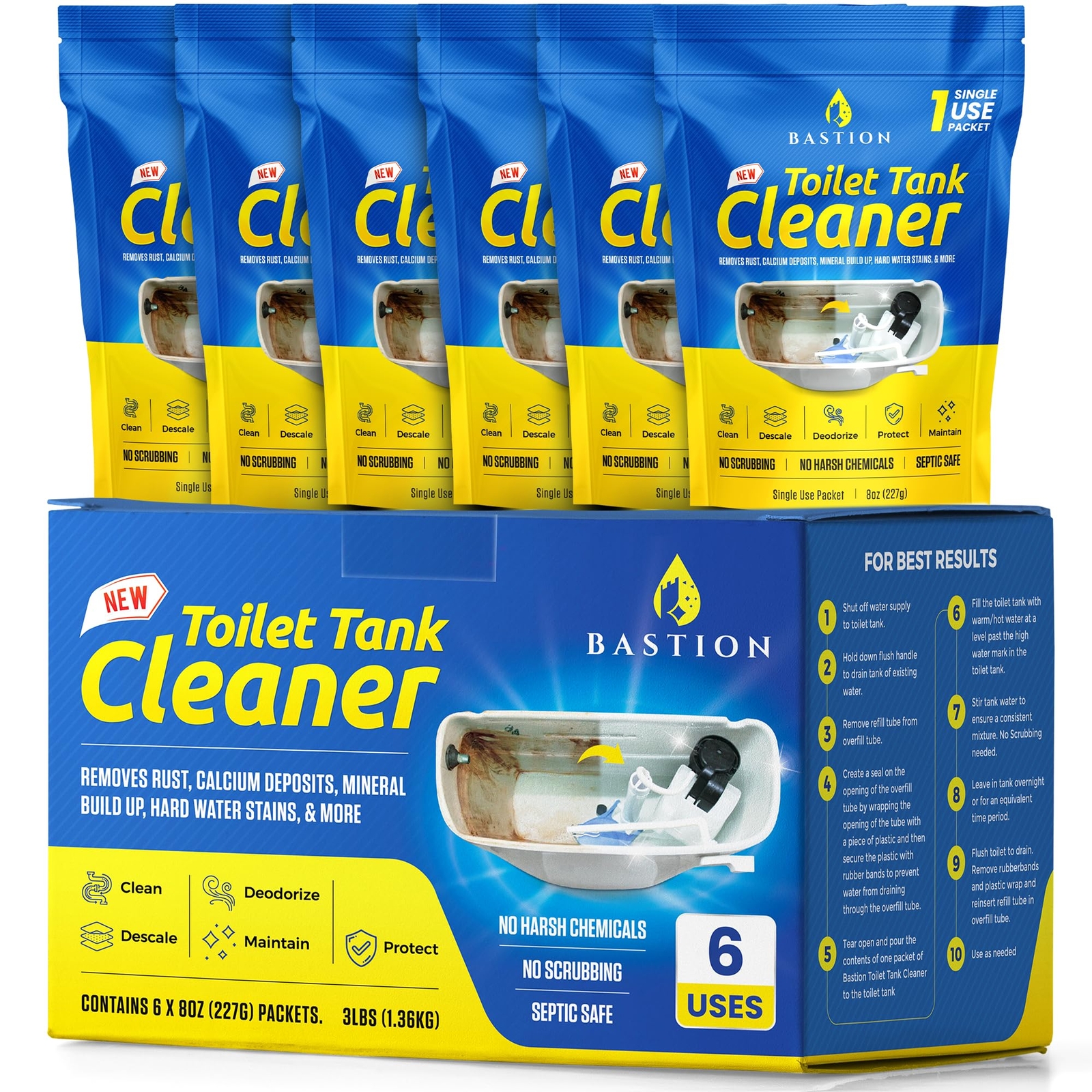 Toilet Tank Cleaner - 6-Uses. Removes Rust, Mineral Deposits, Hard Water Stains