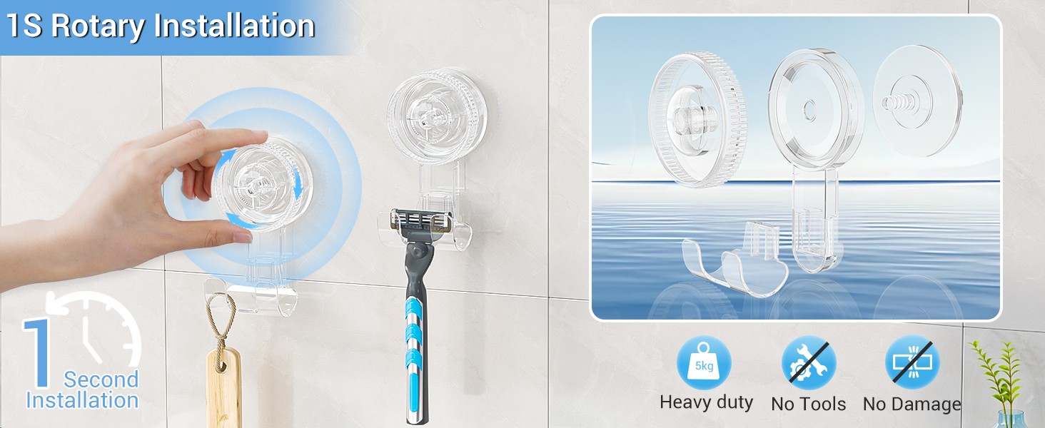 Suction Hooks, 2 Pack Razor Hooks Removable & Reusable Suction Shower Hook