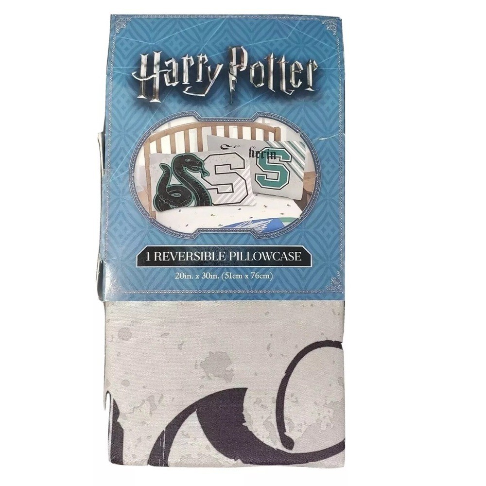 NEW Harry Potter Slytherin Reversible Pillowcase Hogwarts Snake Green Grey