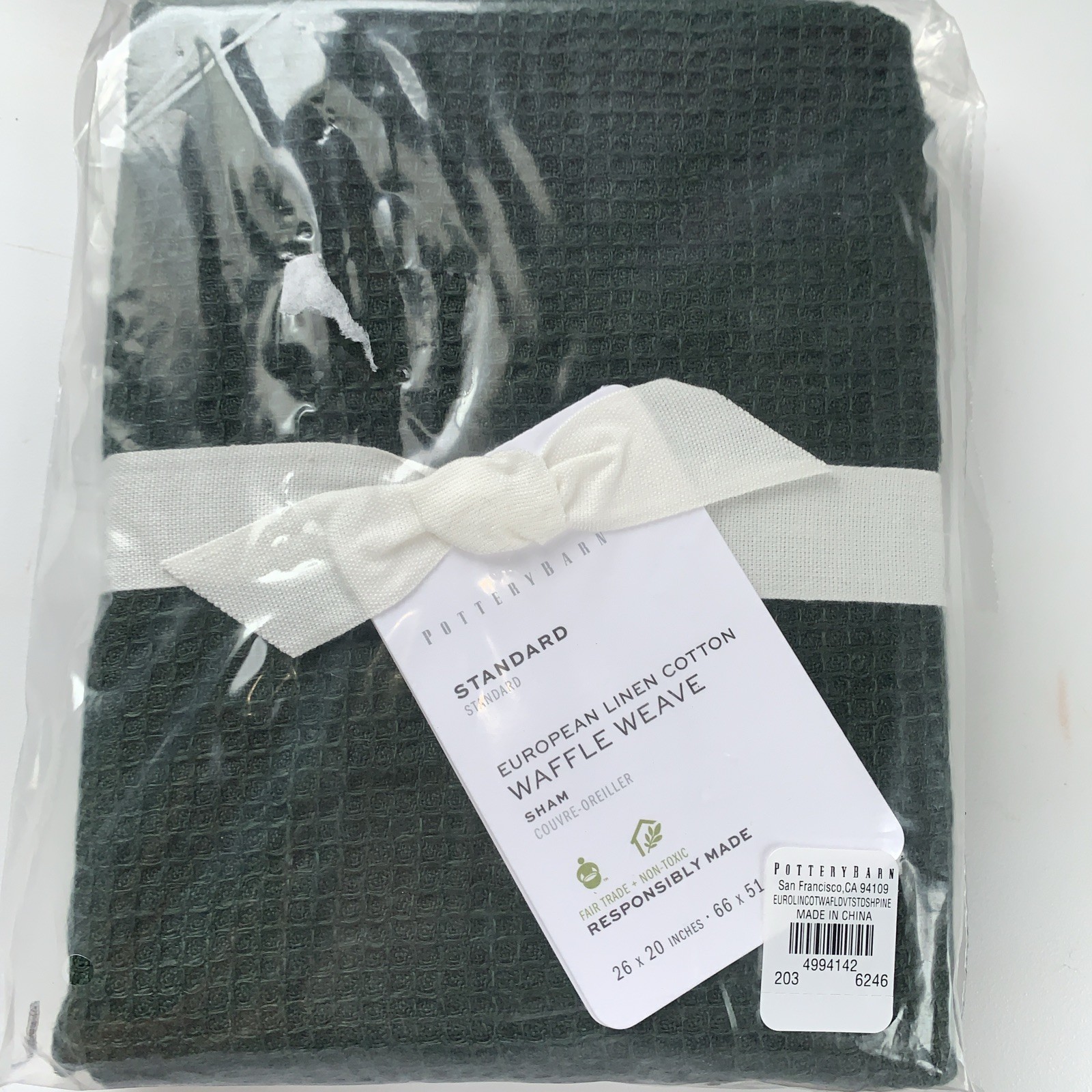 POTTERY BARN European Linen Cotton Waffle Weave Pine Green Standard Sham 26x20"