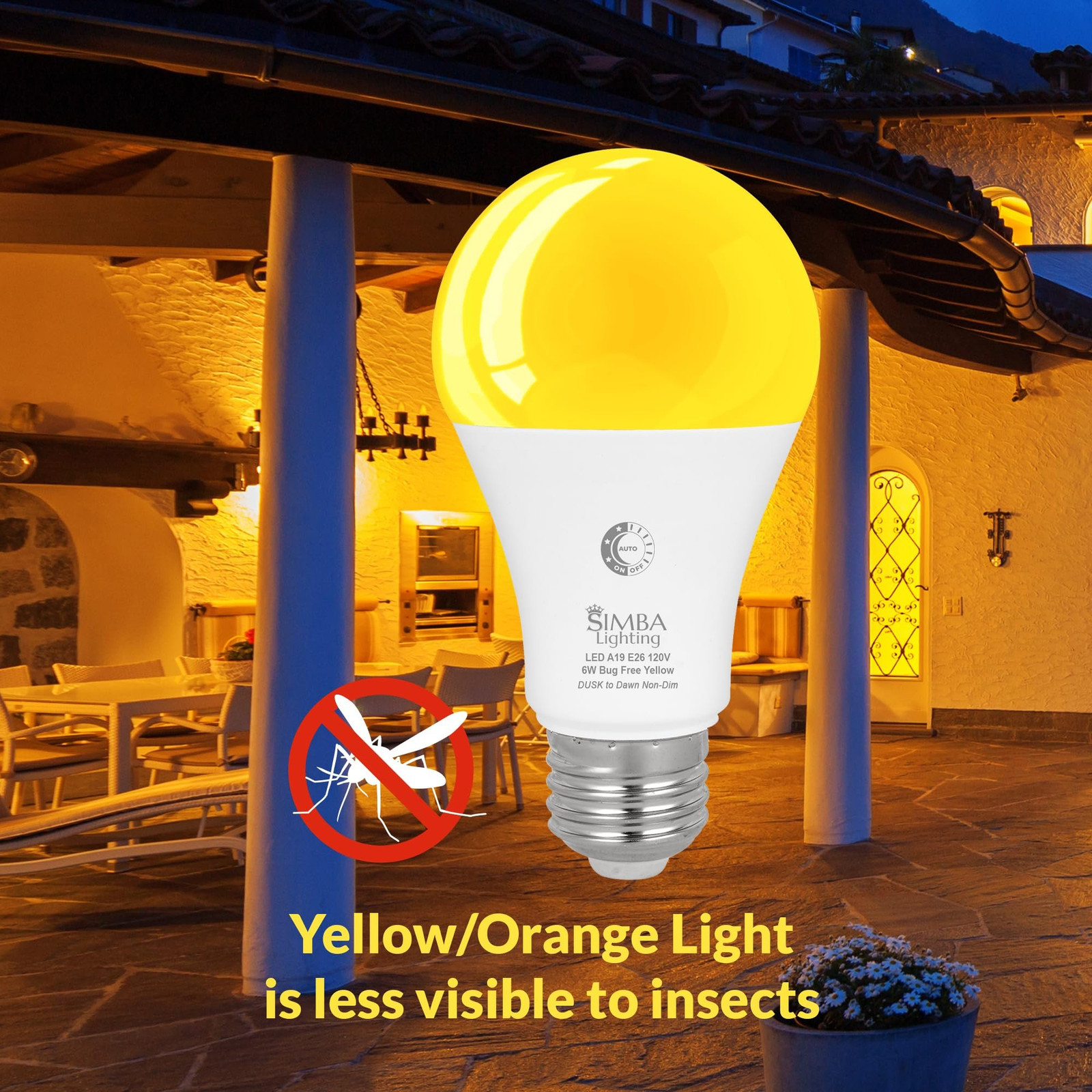 [2 Pack] LED Bug Repelling Amber Bulb 6W / 40W with Dusk-to-Dawn Sensor E26 Base