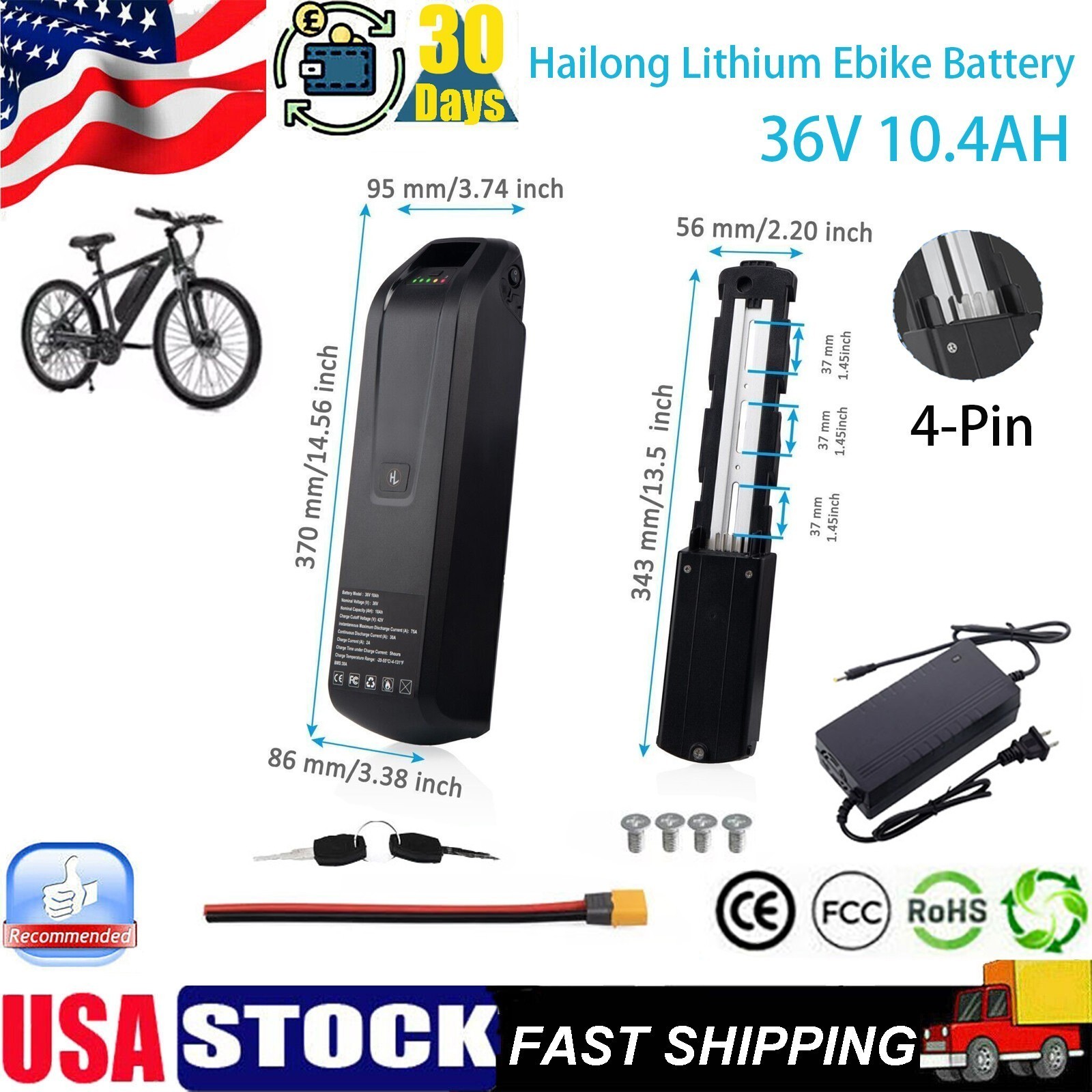 Ebike Battery 36V 10.4Ah Electric Bike Battery 36V Lithium Battery w/ 4Pin Base