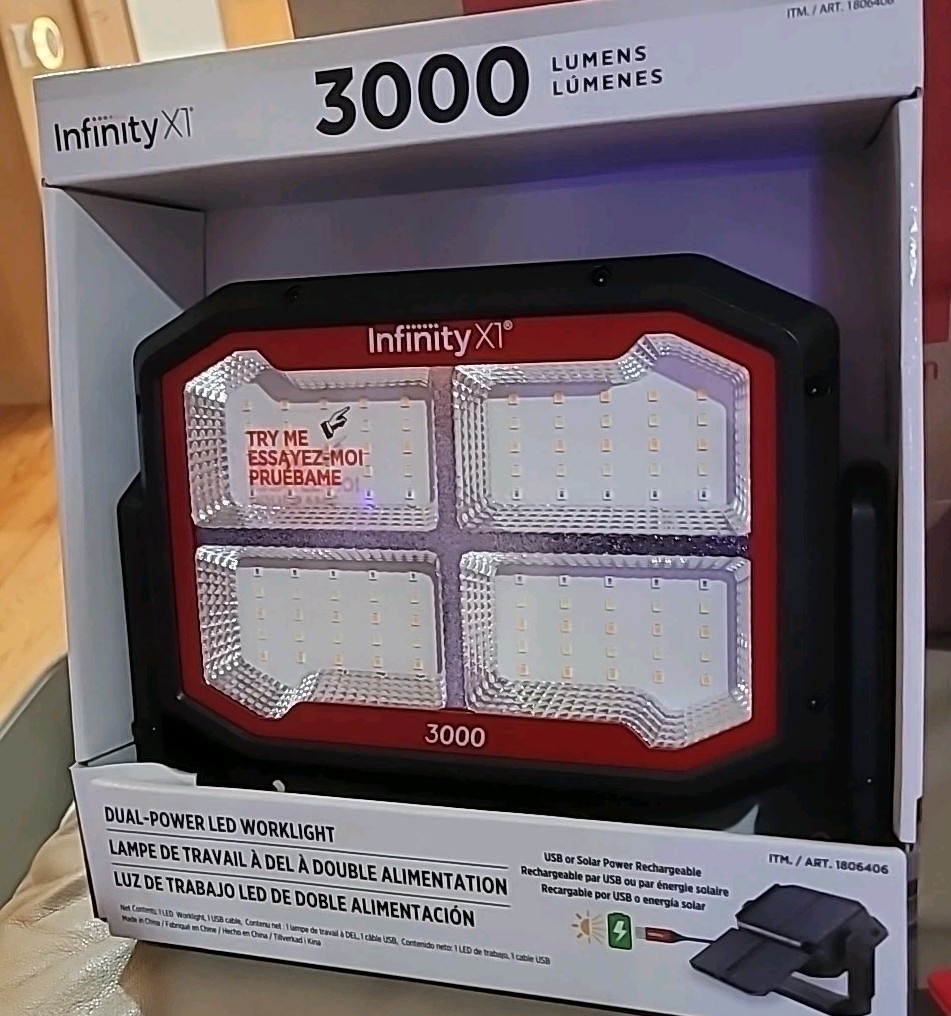 Infinity Dual-Powered LED Worklight - 3000 Lumens, USB & Solar Rechargeable