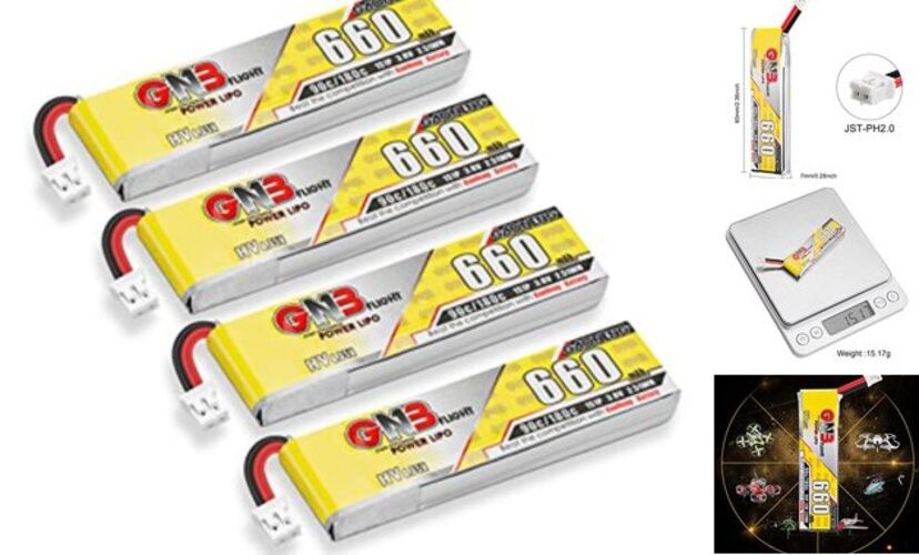 660mAh 1S LiPo Battery, 4PCS 3.8V LiHV Batteries 90C/180C JST-PH2.0 Connector