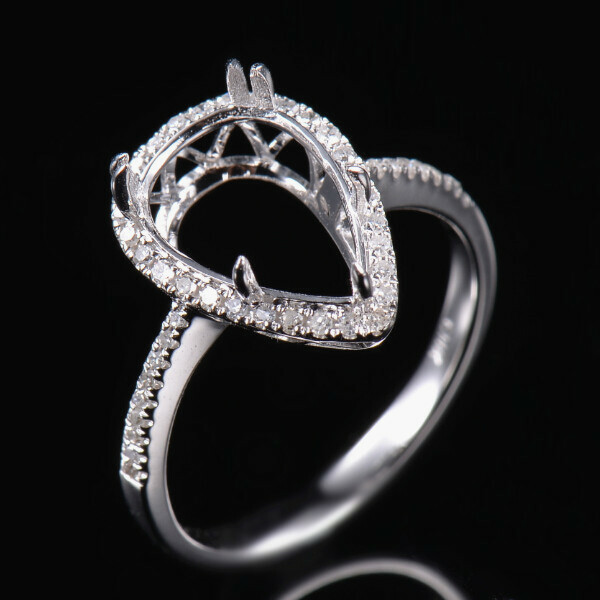 Solid 14K White Gold Pear 12×8mm Ring Prong Setting Natural Diamond Semi Mount