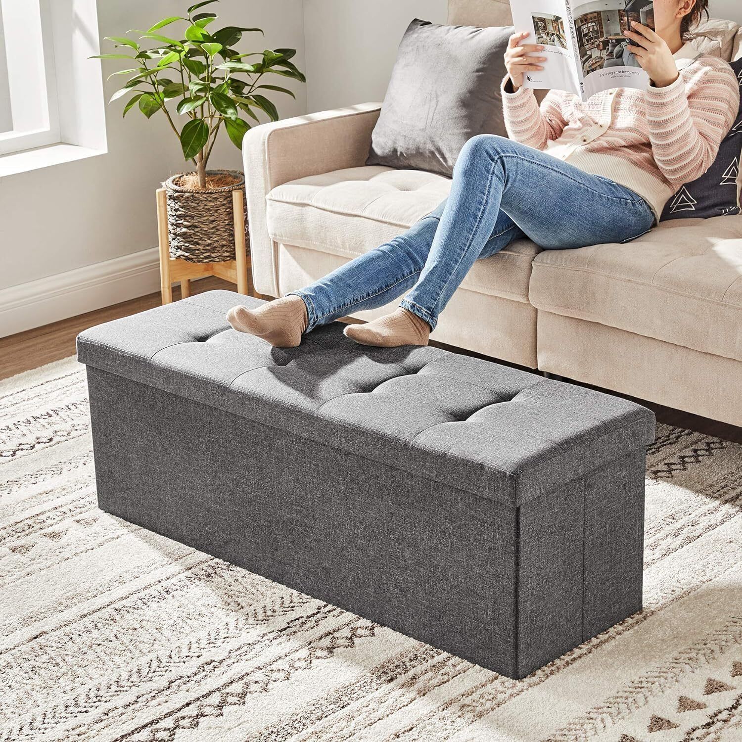 43 In Folding Storage Ottoman Bench Foot Rest Stool Holds 660 Lb Dark Gray New