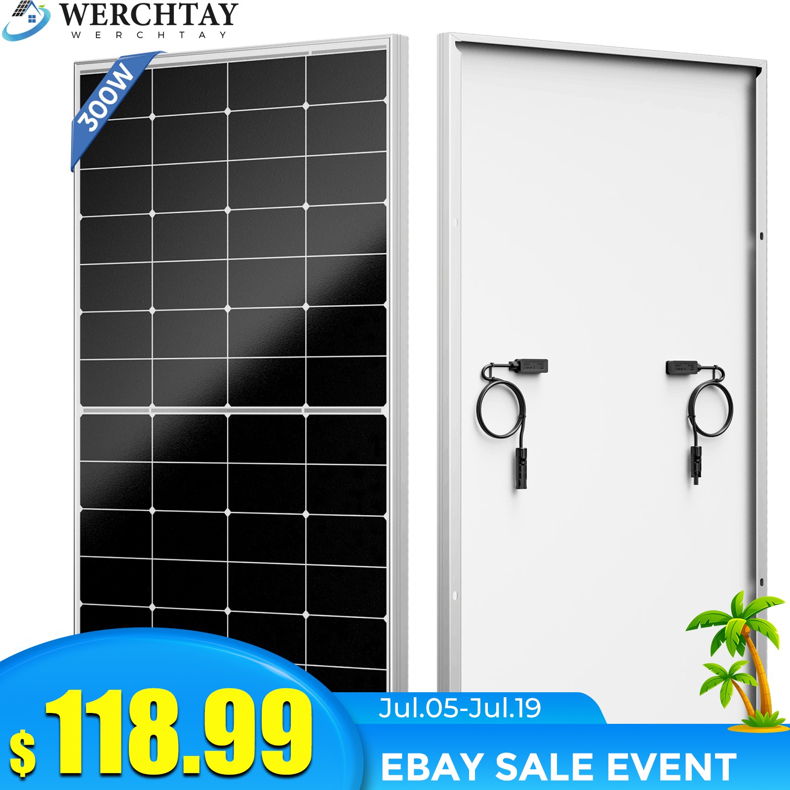 300W Watt Monocrystalline Solar Panel 12V Charging RV Camping Home Off-Grid Boat