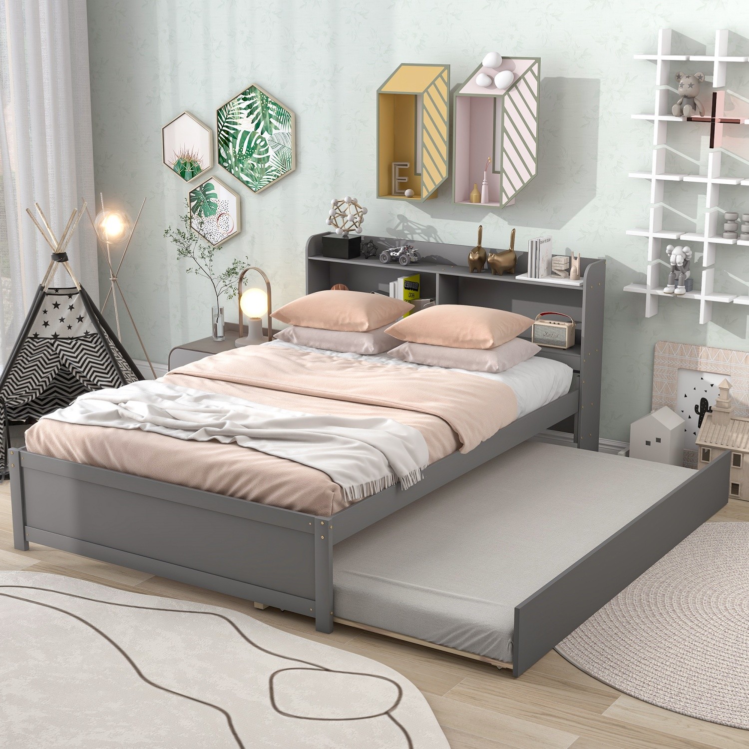 Full Size Wood Platform Bed Frame with Trundle & Storage Headboard Gray/Espresso