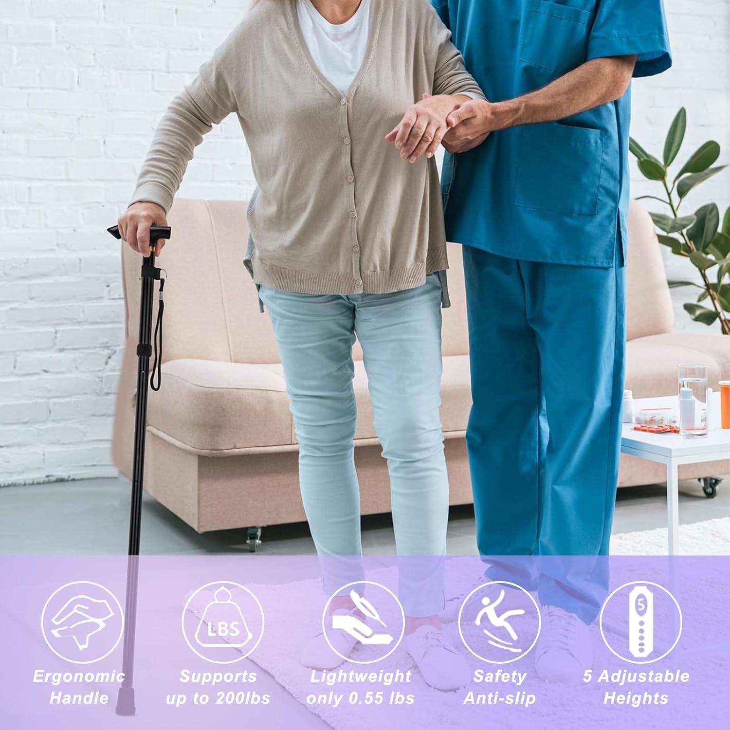 Folding Cane, 5-Level Adjustable Height Walking, Lightweight Collapsible