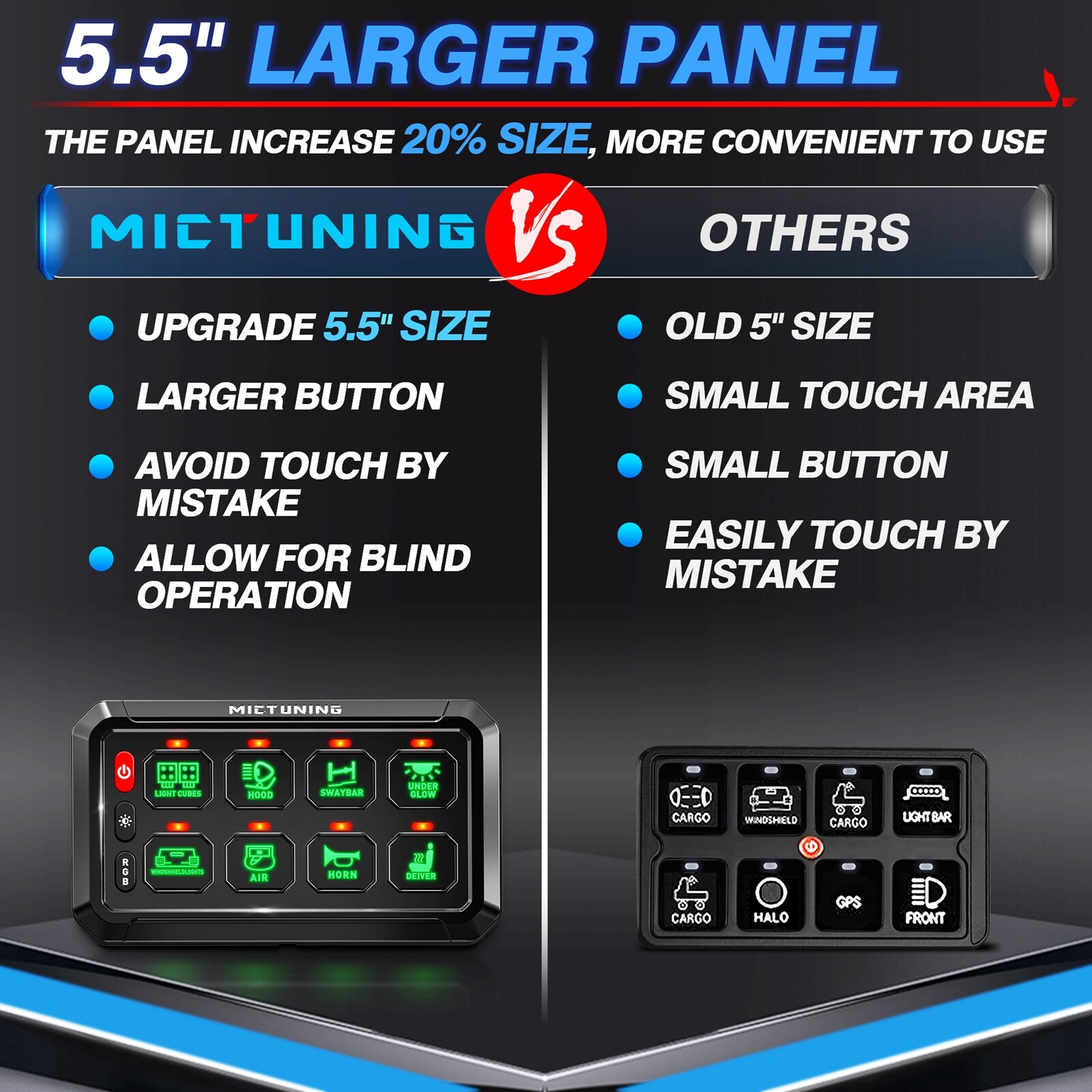MICTUNING RGB 8 Gang Switch Panel Dimmable LED Light Bar Relay System Marine Boa