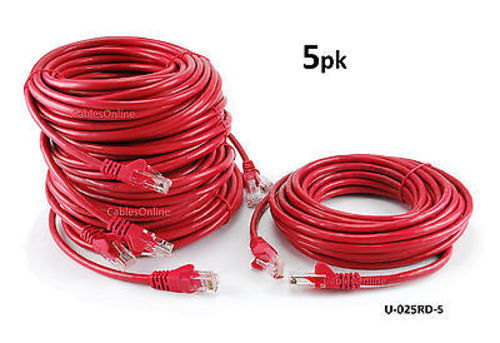 5-PACK 25ft CAT5e Network UTP Ethernet RJ45 Full 8-Wire Patch Cable, Red