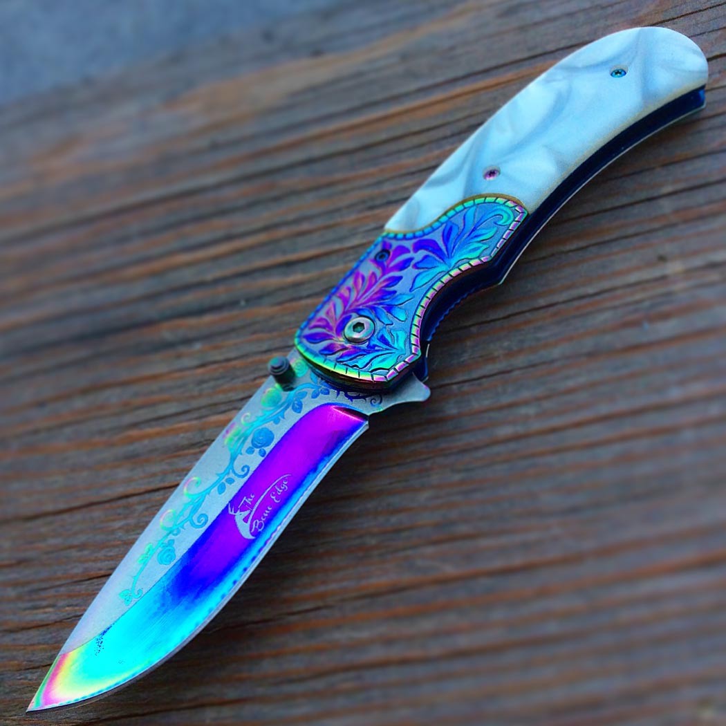 8.5"" Spring Assisted Folding Knife Packawood & Pearl Handles Engraved New Gift