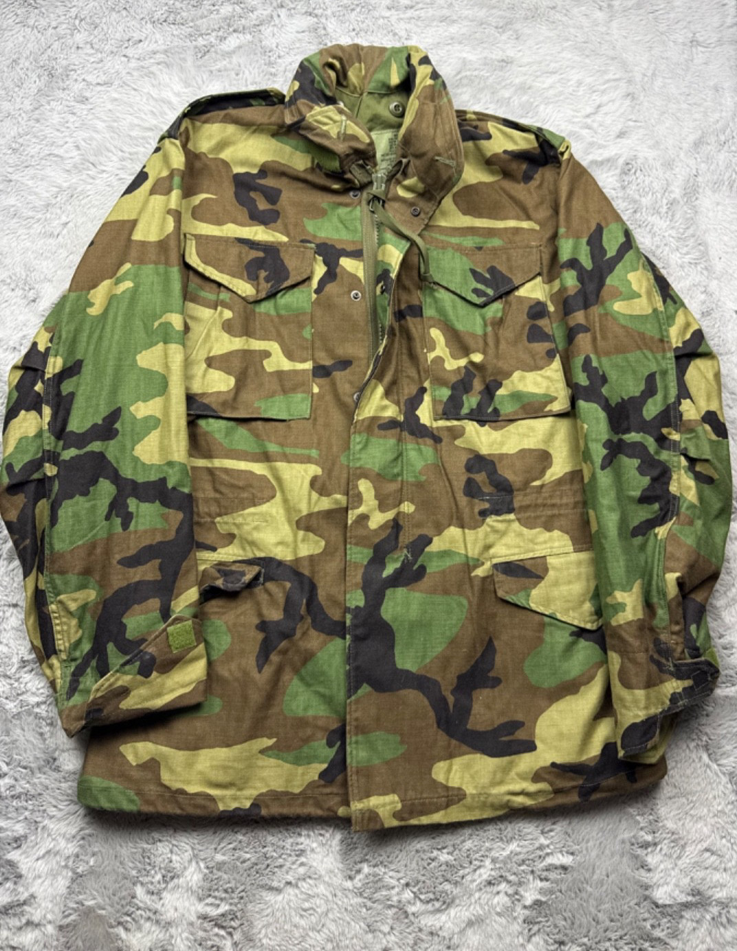 Vintage Military Field Jacket Mens Small Long Woodland Camouflage Cold Weather