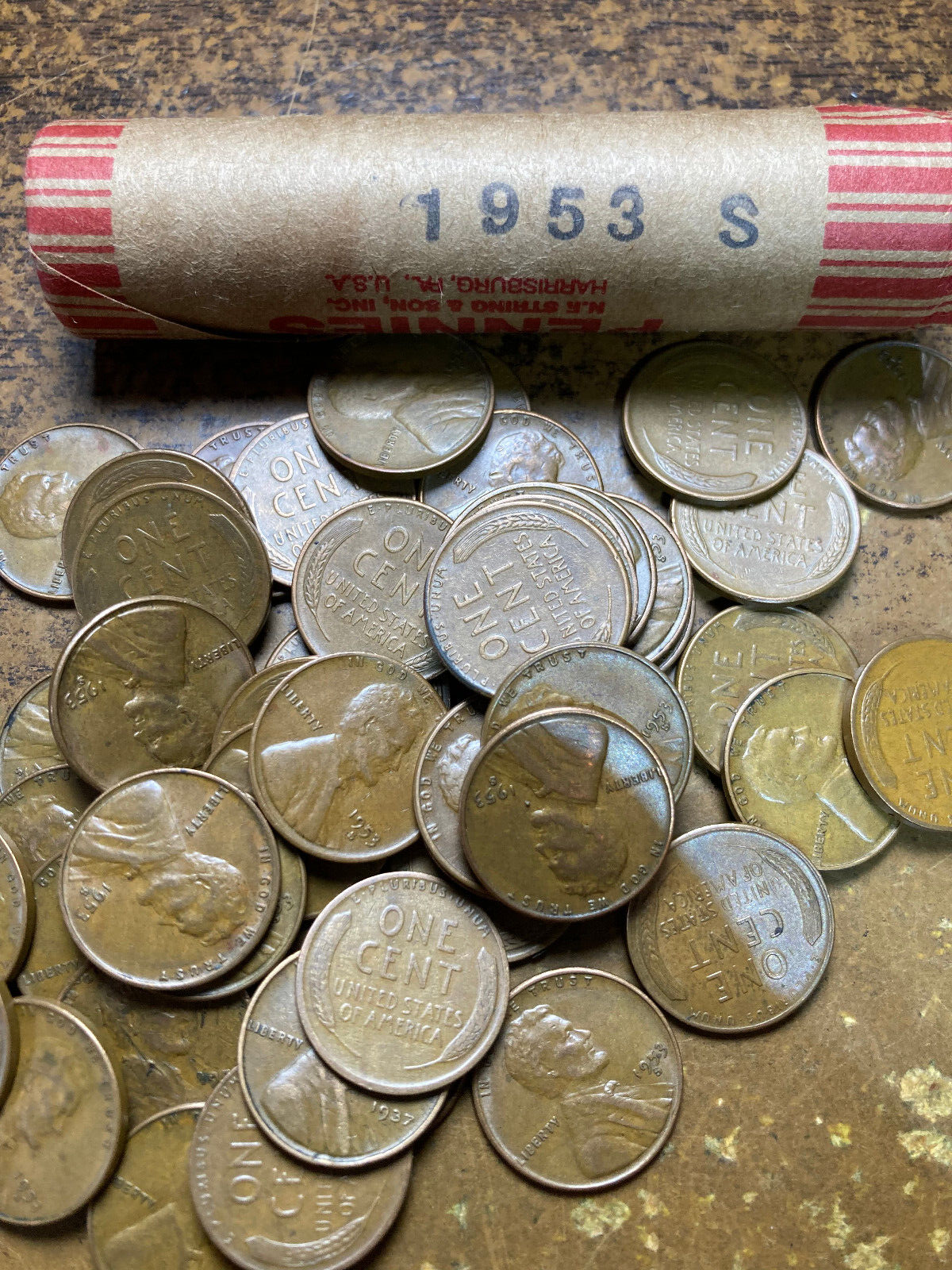 1953-S LINCOLN WHEAT CENT ROLL, nice condition