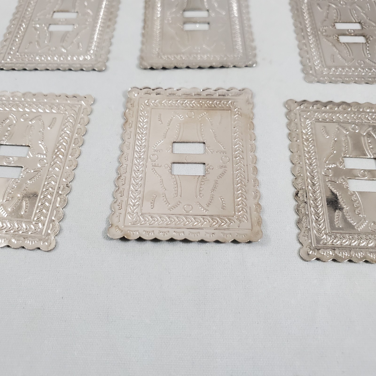 21 Rectangular Silver Tone Conchos Scalloped Slotted Leather Western Crafts Vtg