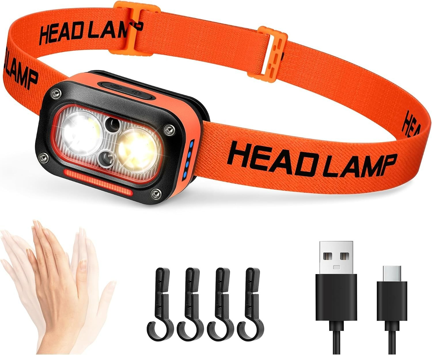High Lumens USB Rechargeable Headlamp with Motion Sensor - Waterproof Dual Light