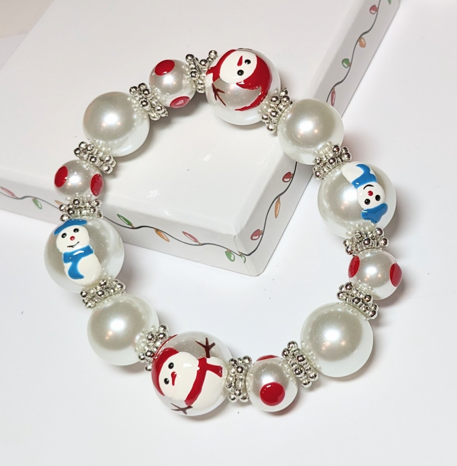 Christmas Bracelet Snowman Handmade Stretch White Bracelet Woman Teen