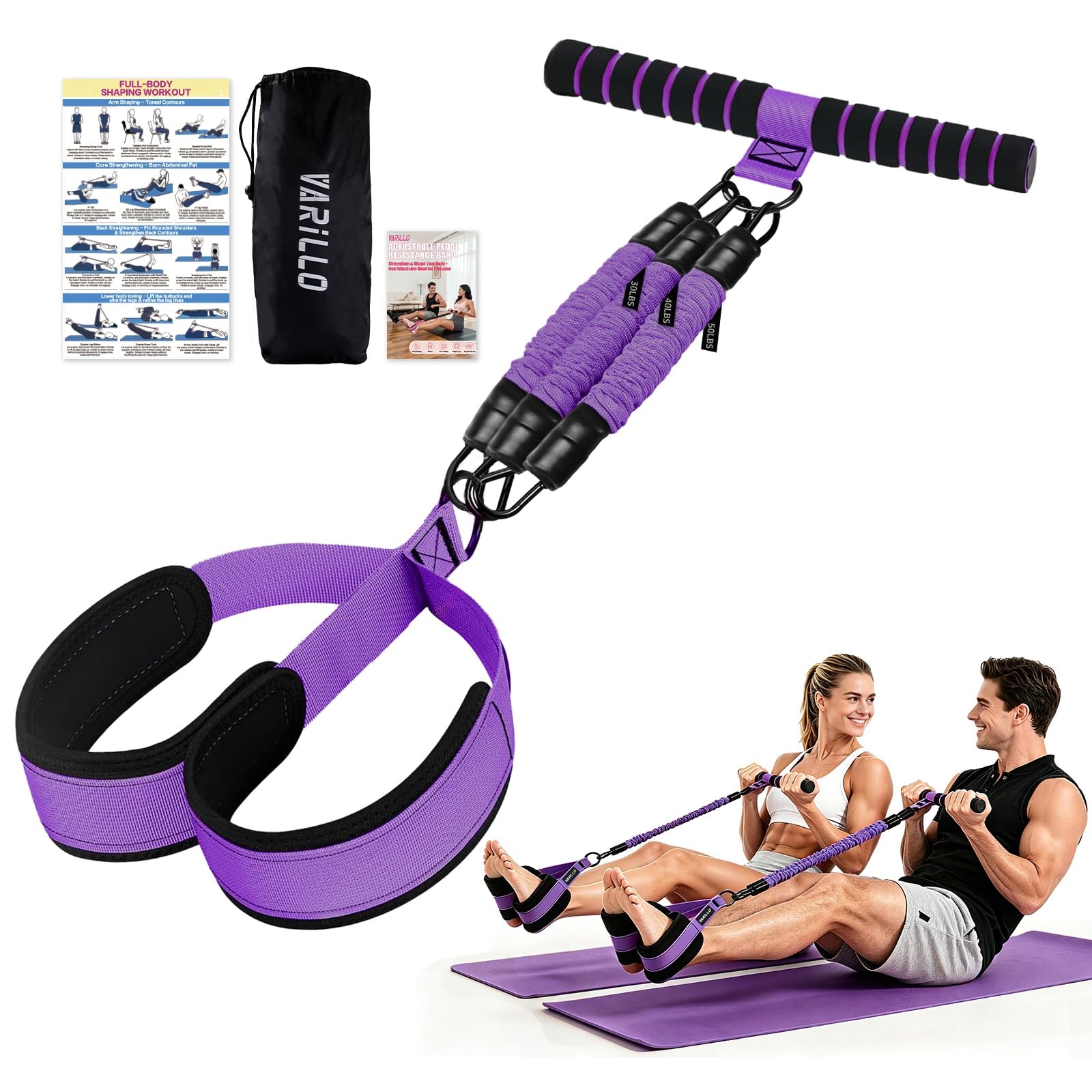 Multifunction Pedal Resistance Band with Handle, 3 Tube Adjustable 30/40/50LB...