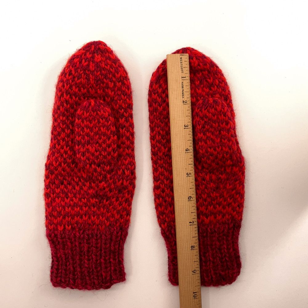 Red pattern home knit winter mittens fisherman style