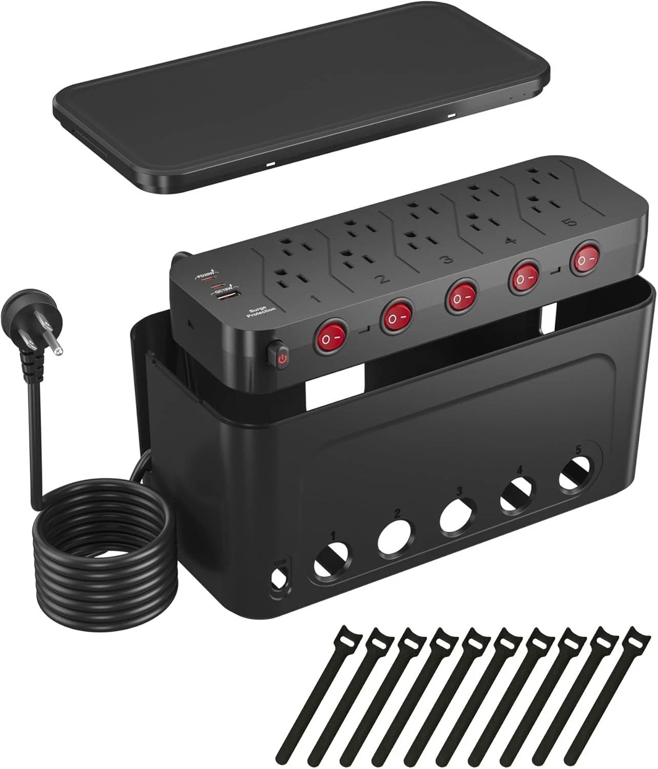 Black Power Strip Box: 10 AC + 3 USB Surge Protector, Cable Management, PD 20...