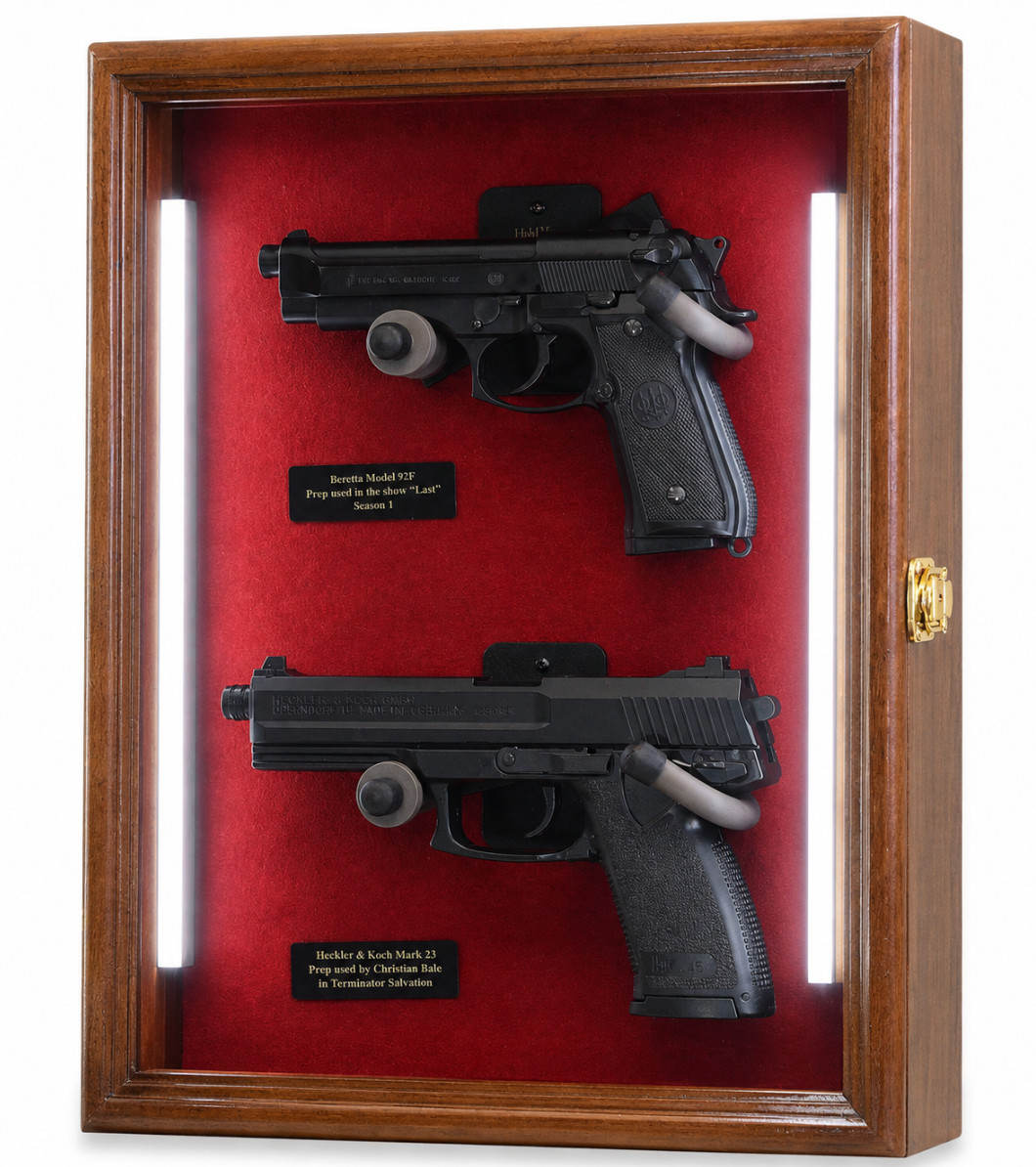 Gun Display Case 2 Guns Walnut Wood Red LED Light Pistol Handgun Shadow Box USA