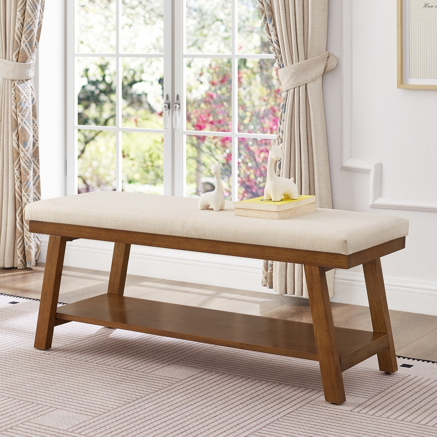 Modern Linen Upholstered End of Bed Storage Bench Shelf for Entryway Bedroom