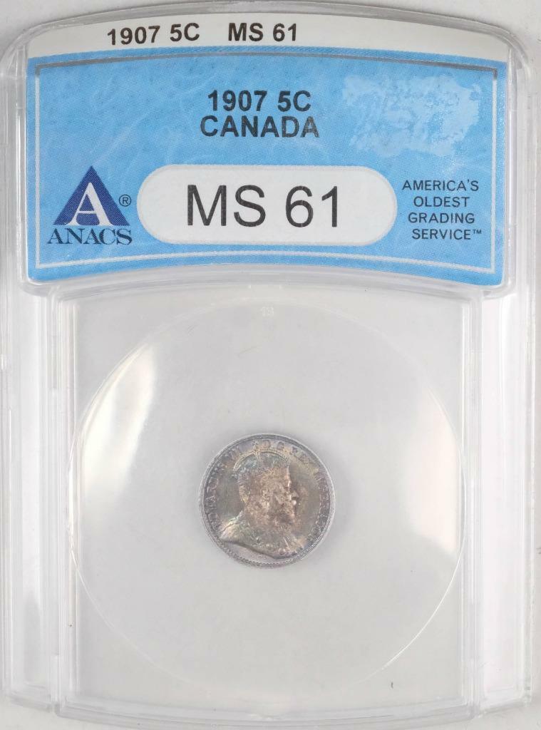 1907 Canada Silver Five Cents MS61 ANACS Toned #D03