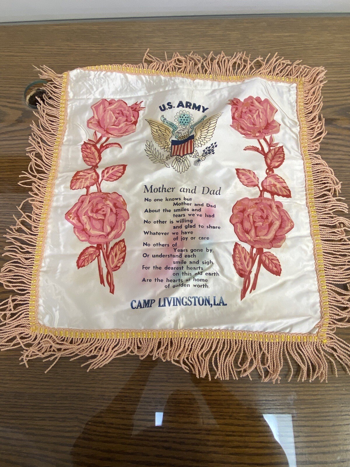 Vintage U.S. army  MOTHER  & DAD  Fringed Pillow Sham Cover Mom Militaria