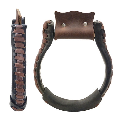 Western Brown Rawhide Braided Ox Bow Stirrups with Leather Lacing