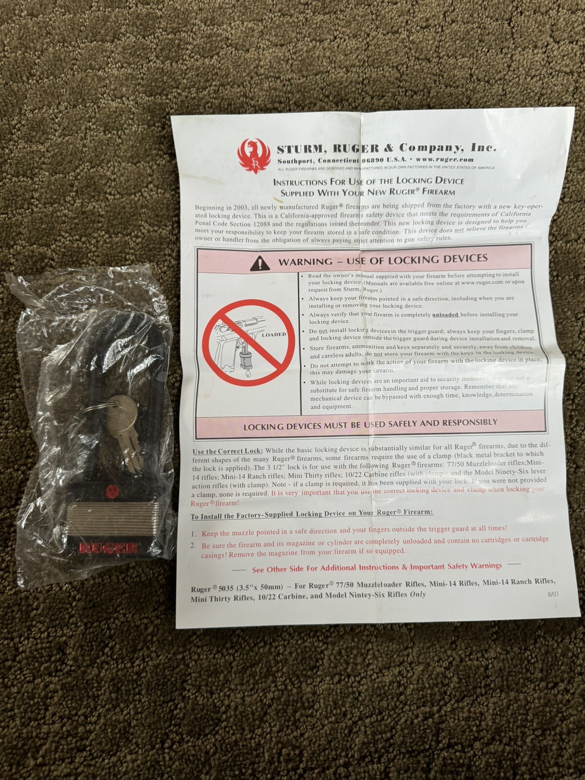 Ruger - Pad Lock- #5035- 2 Keys- Gun Lock - Brand New