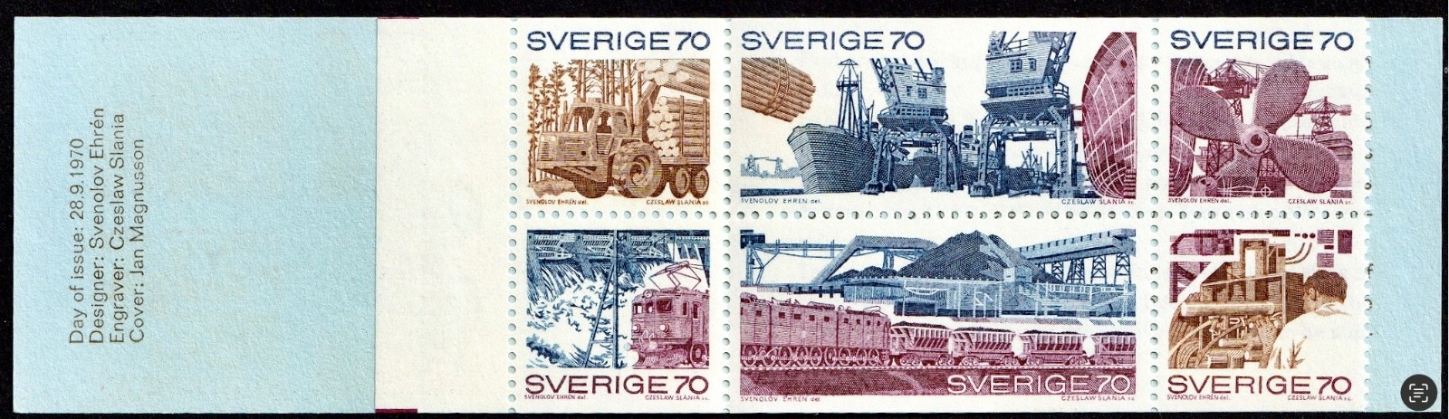 Sweden, Complete Booklet Pane of 6 Stamps, MNH-1970, 70 öre, Sc. 866a, SG SB249