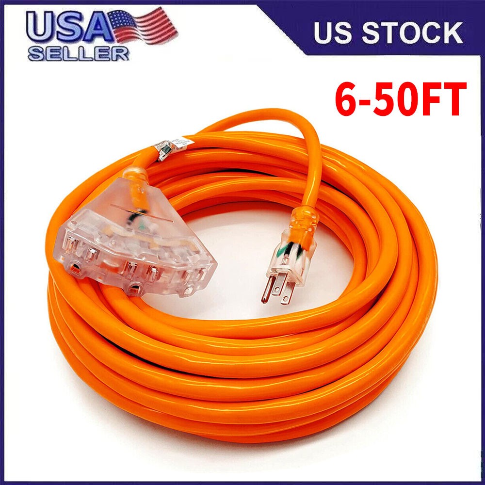 6/10/15/25/50FT 12/3 SJTW Orange Extension Cord with 3 Electrical Power Outlet