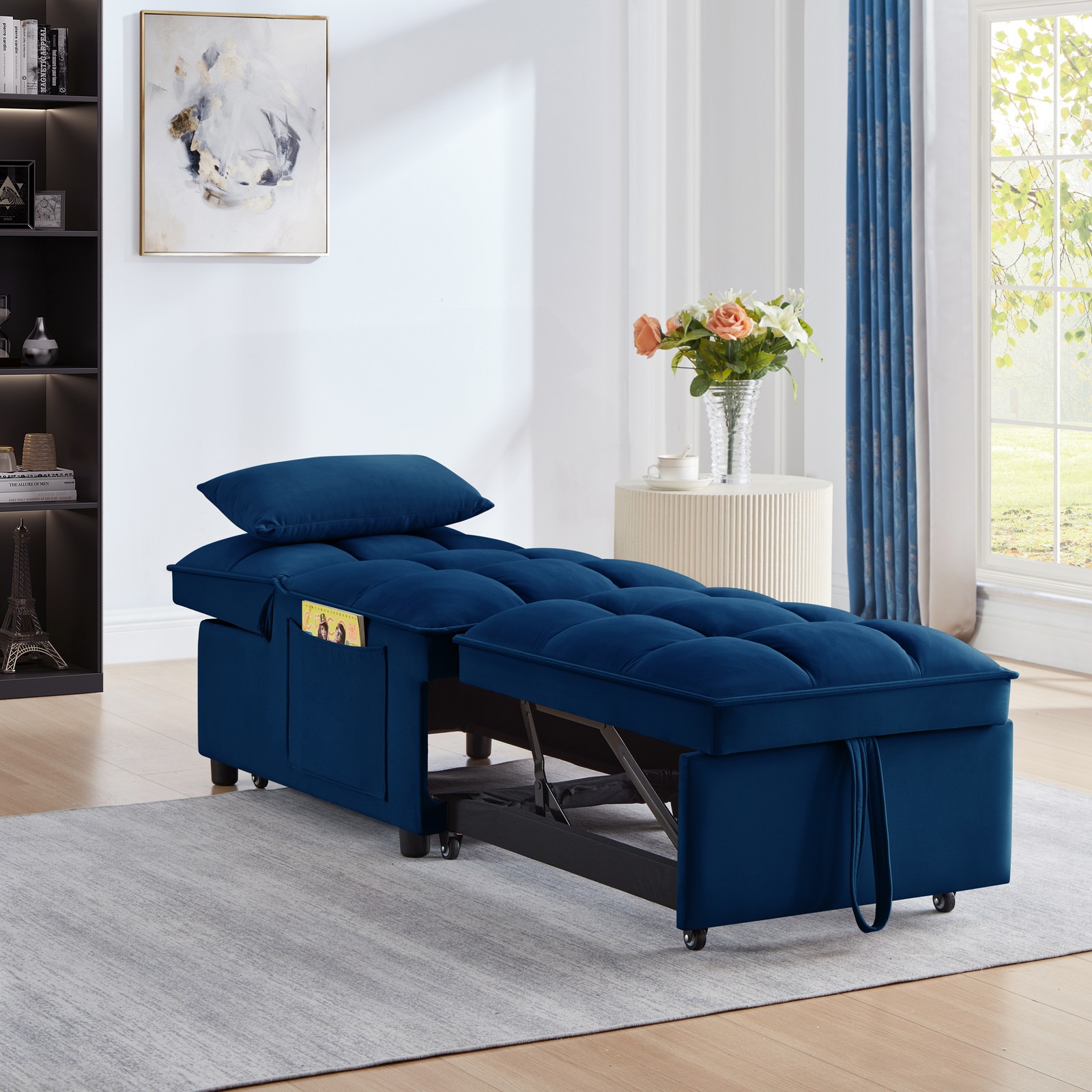4 in1 Multi-Function Single Sofa Bed with Storage Pockets,Tufted Single Pull-