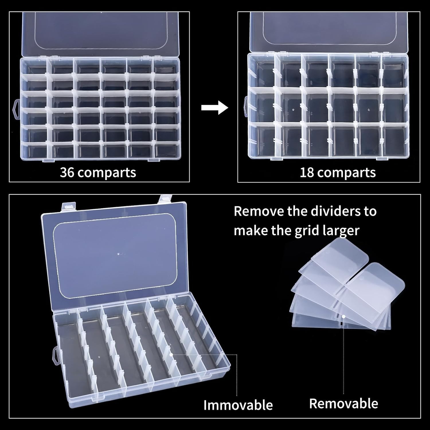 Clear Adjustable Plastic Storage Boxes with 36 Compartments for Beads & Picks