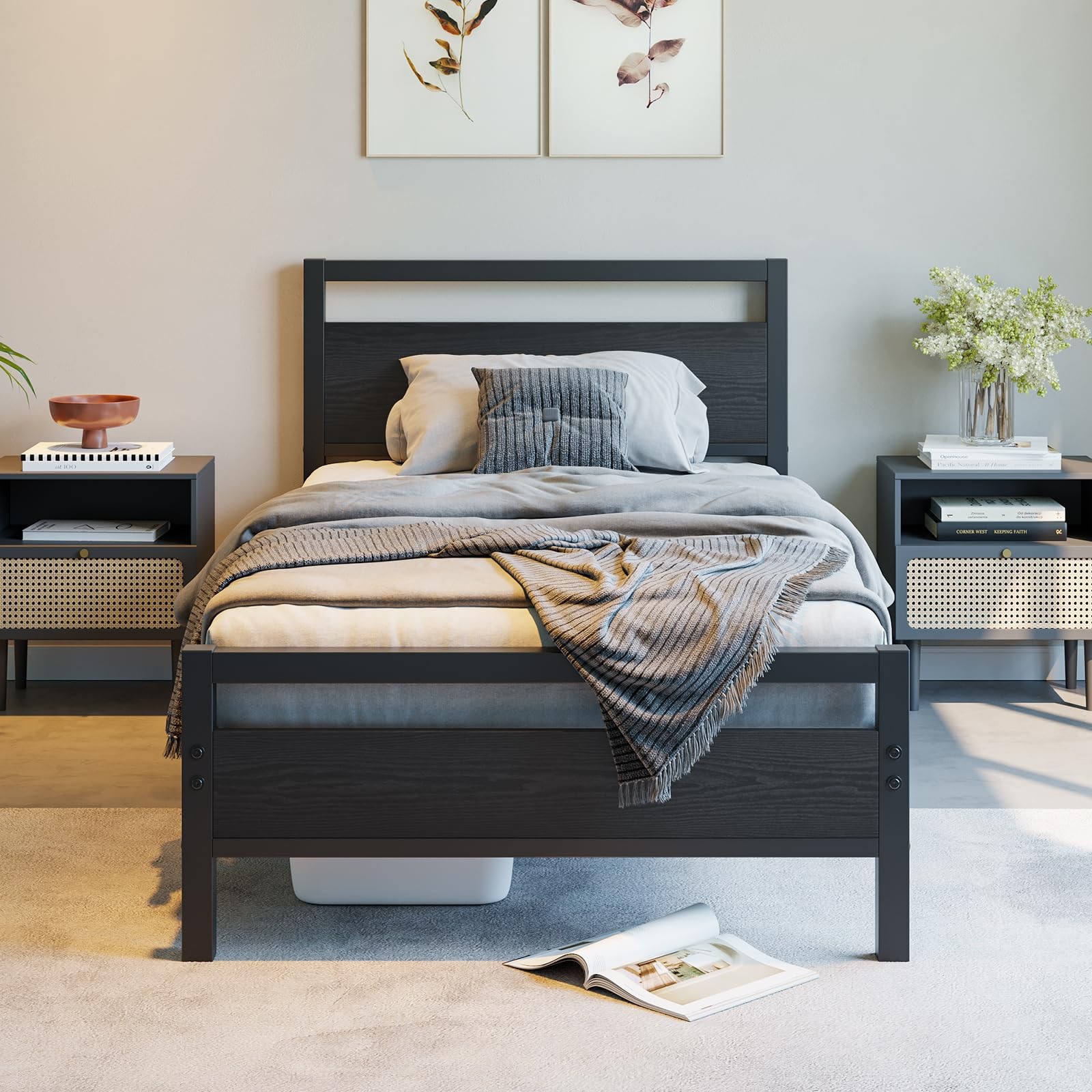 BOFENG Black Twin Bed Frame with Wood Headboard,Metal Single Platform Bed Fra...