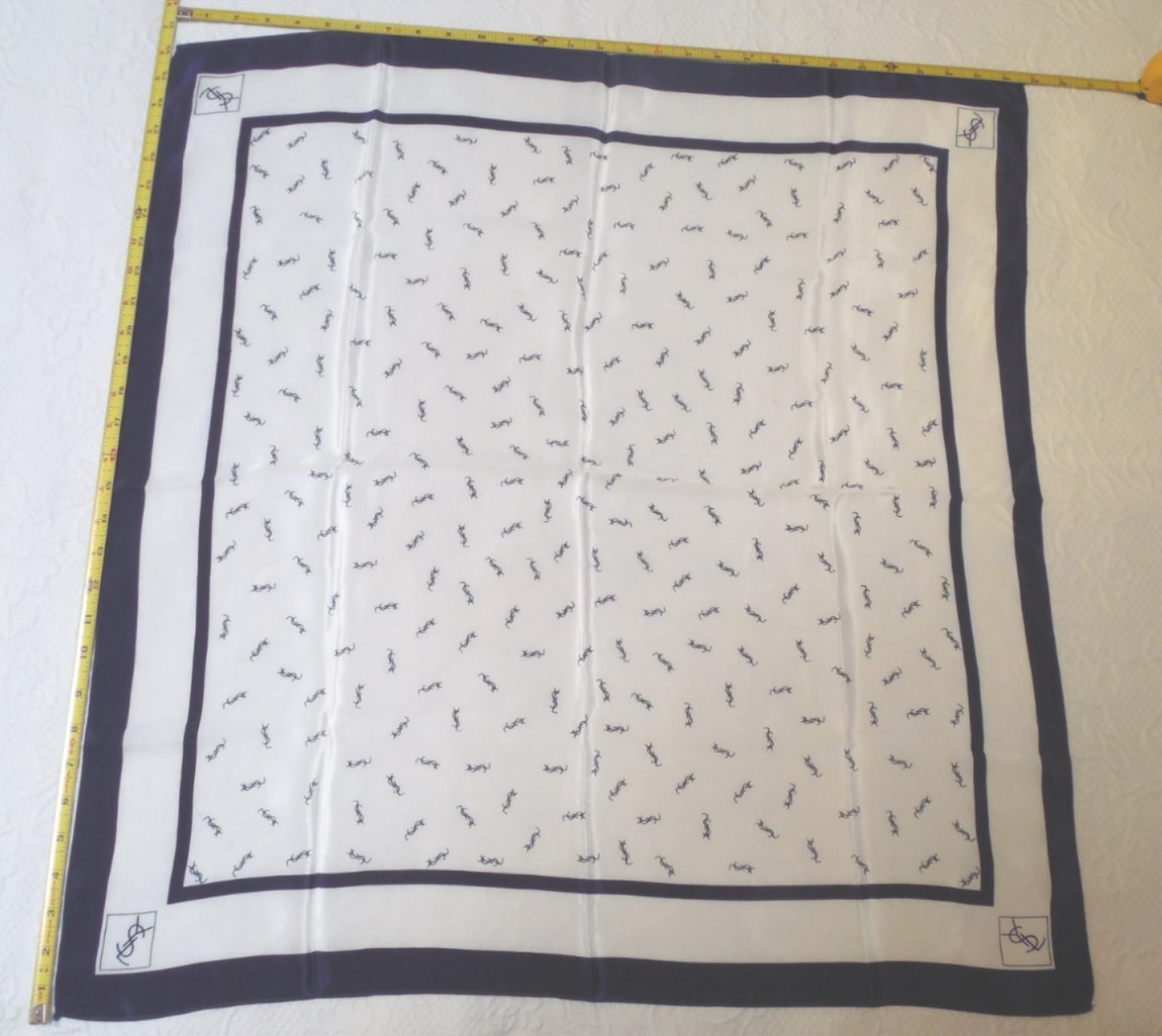 YSL Yves Saint Laurent Navy and White Silk Logo Scarf 29 X 30 in