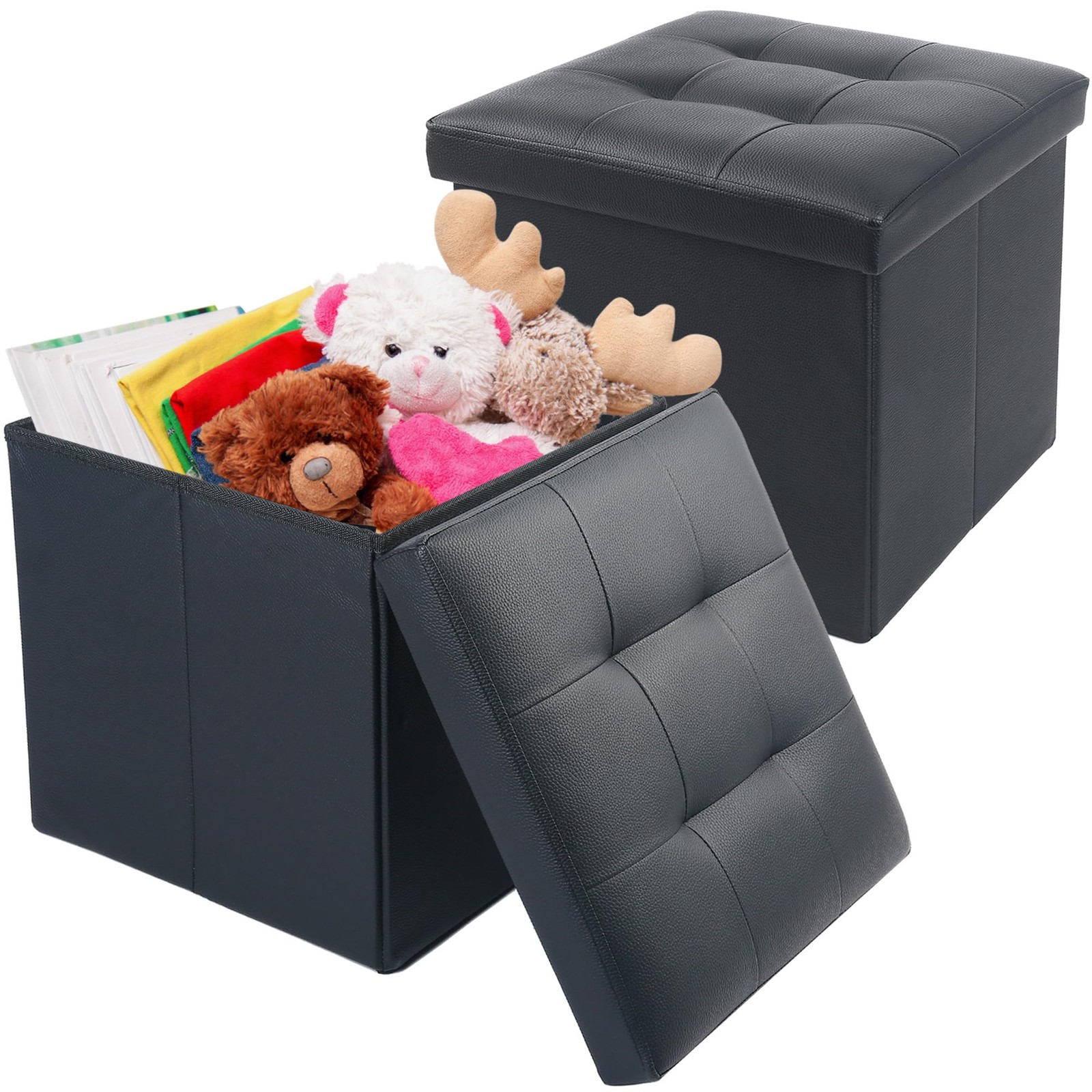 Storage Ottoman, 2 Pack, Foldable Foot Rest Stool, 13x12x12 Inches Small Leat...