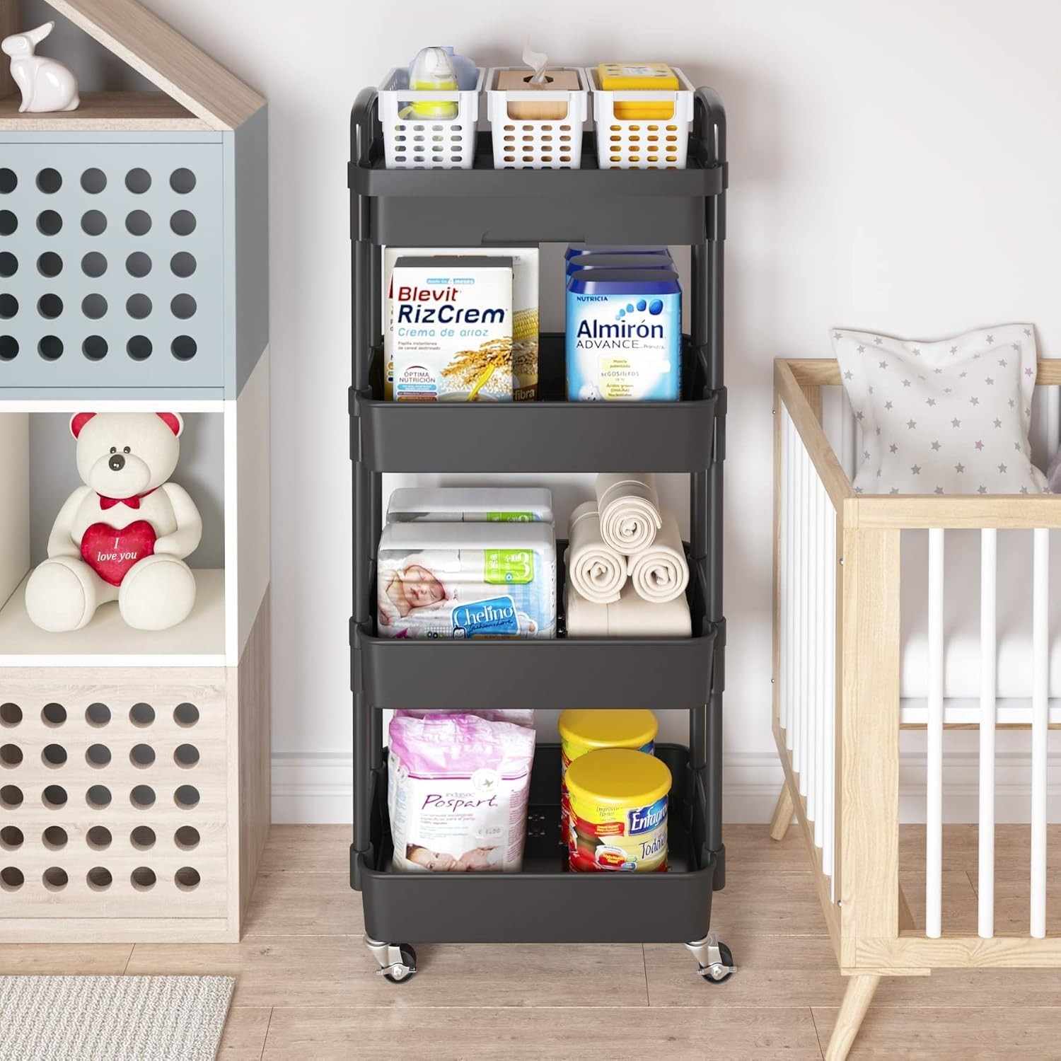 Adjustable 4-Tier Rolling Cart - Effortless Storage Solution with Chic Design